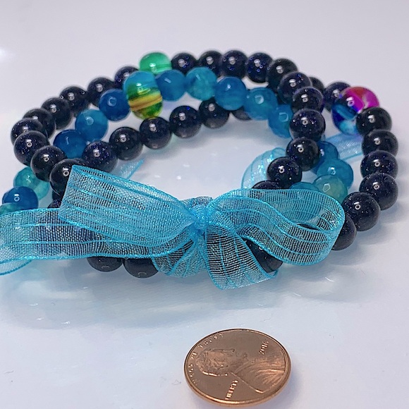 BLUE SANDSTONE + DRAGON VEINS  AGATE SET NATURAL BRACELETS size 7” - Picture 5 of 8